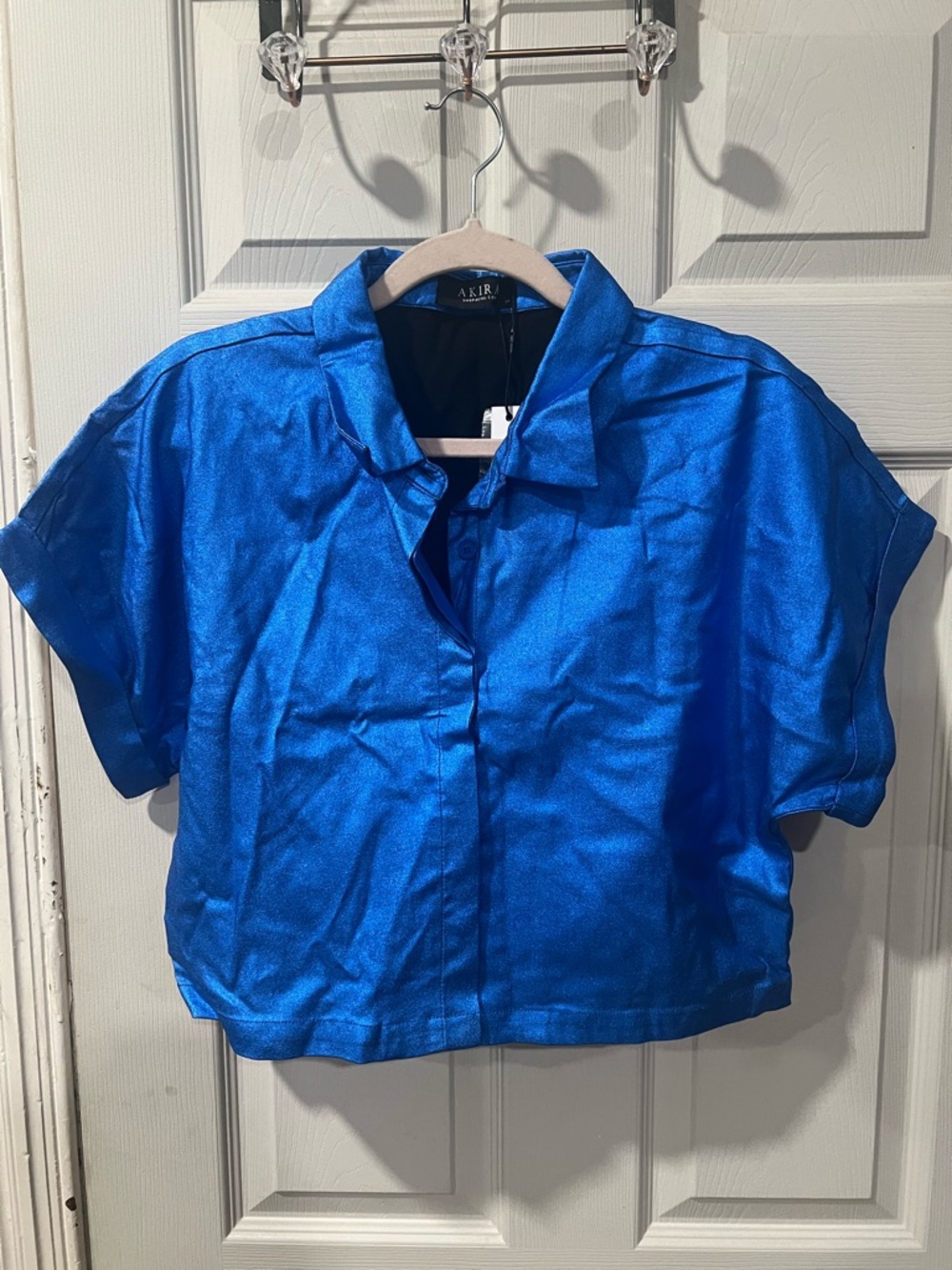 AKIR by Akira Shiny Royal Blue Cropped Button Shirt and Pants Set